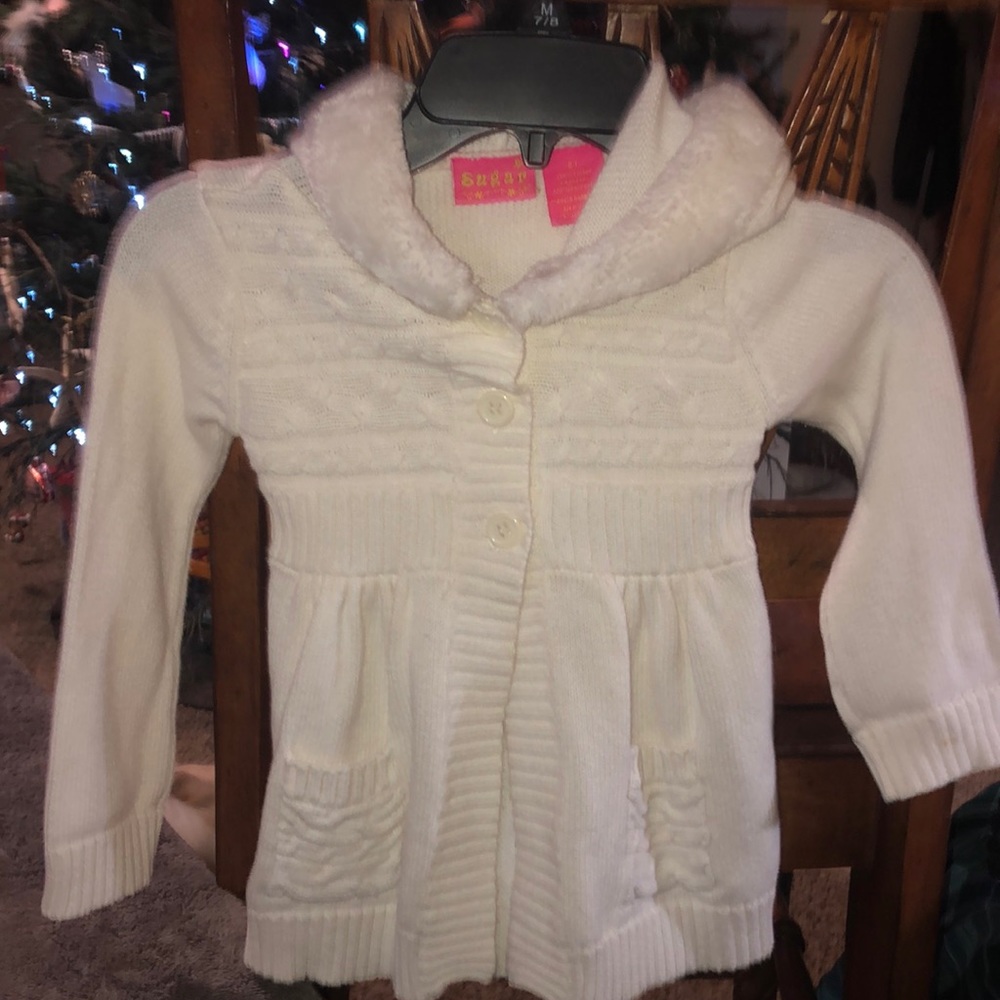 Little Girl Hooded  faux fur trimmed Aline sweater